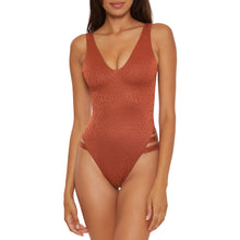 Load image into Gallery viewer, Becca Bronzed Plunge One Piece Womens Swimsuit - Bronze/L
 - 1