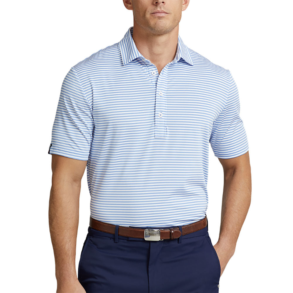 RLX Polo Golf Feed Stripe Blue Rain Mens Golf Polo - Blue Rain/White/XL