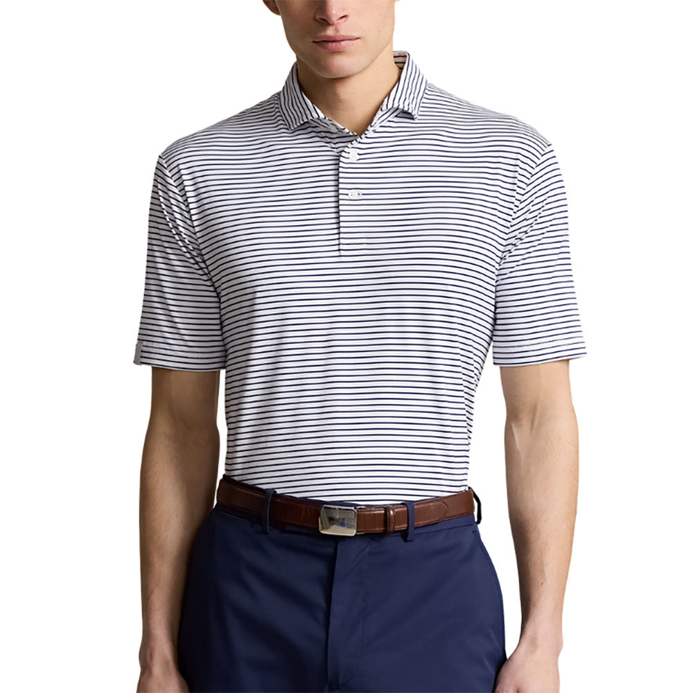 RLX Polo Golf Airflow Navy Stripe Mens Golf Polo - White/Navy/L