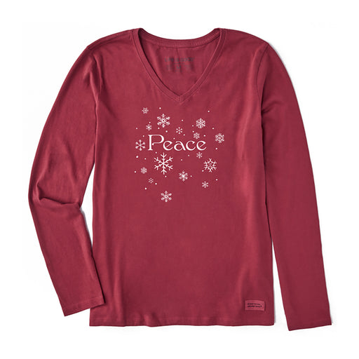 Life Is Good Peace Snowflakes LS Womens Shirt - Cranberry Red/XL