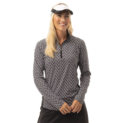 SanSoleil SolCool LS Print Mock Wmns Golf Pullover - Black/XL